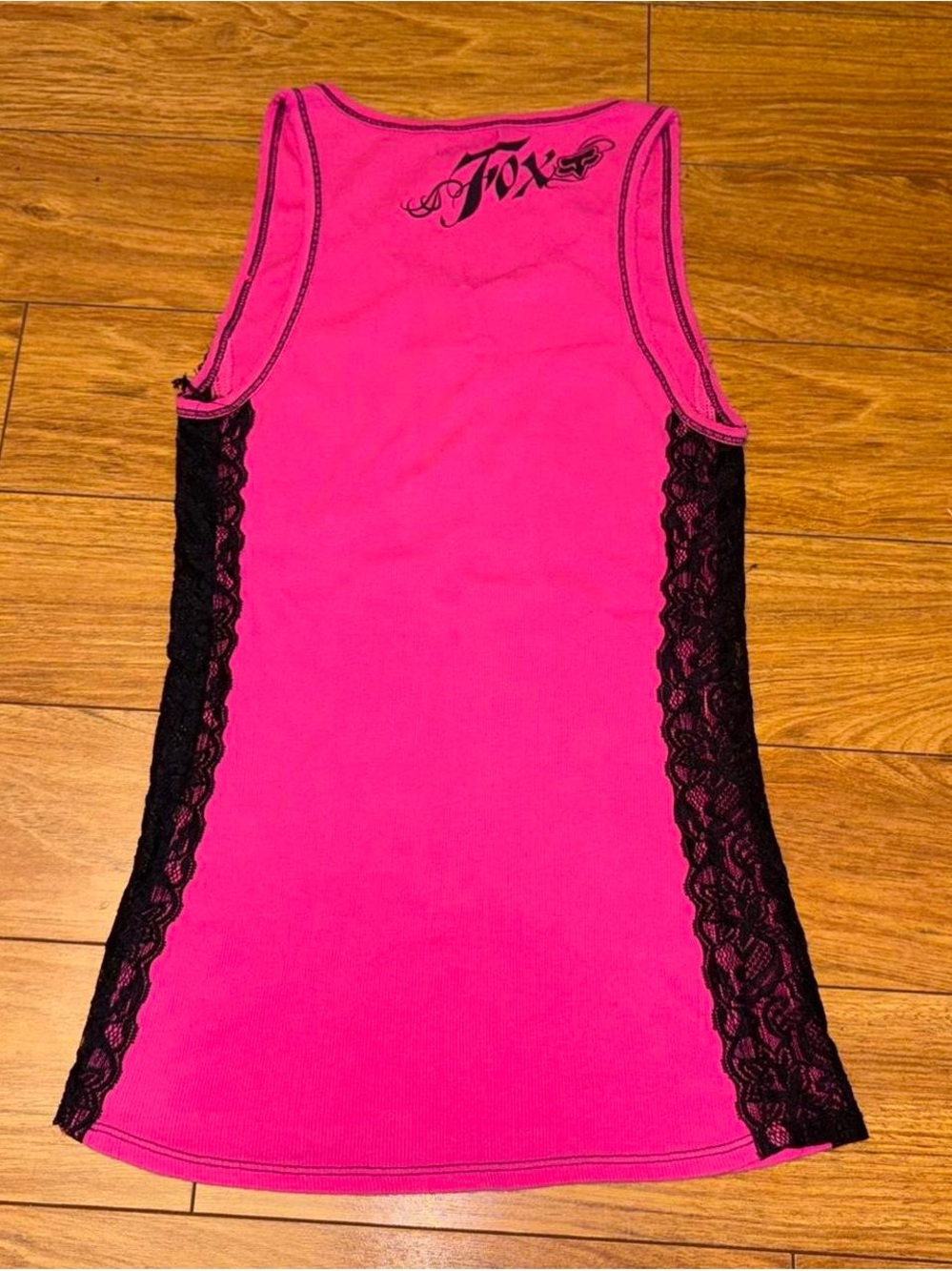 Y2K Pink & black Fox Racing lace trim tank top
